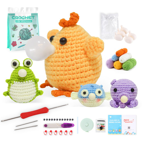 ALAGIRLS Crochet Kit for Beginners with Crochet Yarn, Crochet Starter Kit for Adults Kids with Step-by-Step Video Tutorials, DIY Knitting Supplies, 4 Animals with Balloons Set (40%+ Yarn)