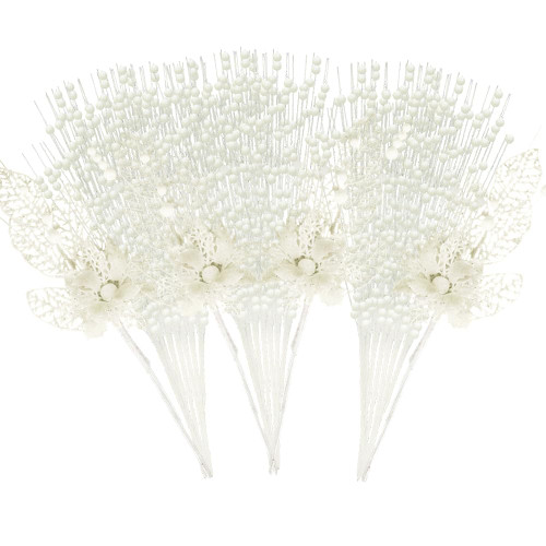 ROSELEAF 28 Pack White Christmas Tree Ornaments, Artificial Glitter Berry and Flowers Stem Branches Picks for Xmas Tree Decoration Gift Small Vase Home Holiday Wedding Party Decor