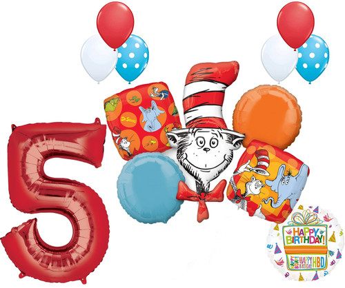 13 pc Dr Seuss Cat in the Hat 5th Birthday Party Balloon Supplies and Decorations