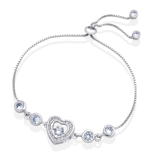 555Jewelry Adjustable Sterling Silver 925 Cubic Zirconia Heart Charm Box Chain Bracelets for Women, Dainty Bolo Bracelets for Women, Bolo Bracelets for Girls, Womens Heart Bracelets