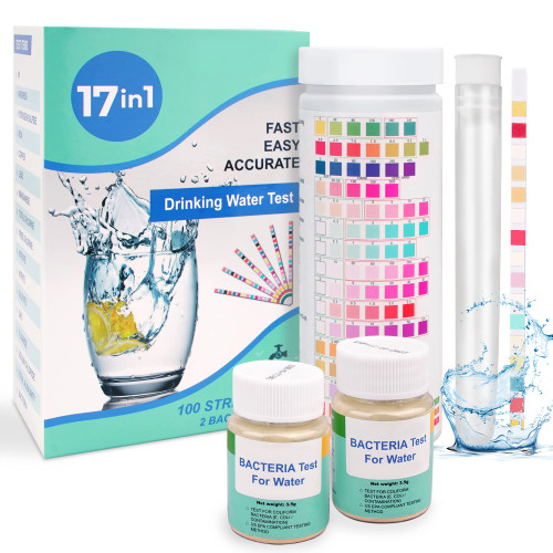 17 in 1 Premium Water Testing Kits for Drinking Water 100 Strips + 2 Bacteria Tests Home Water Quality Test Well and Tap Water Easy Testing for Lead, Bacteria, Hardness, Fluoride, pH, Iron, Copper