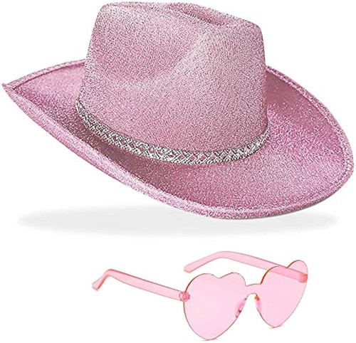 DAJOOEE Cowgirl Hat with Heart Sunglasses Glitter Cowboy Hat for Women & Girls Cosplay Bachelor Party Costume Hats (Pink)
