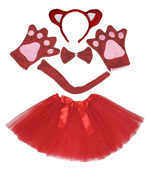 Petitebella Combined Animal Headband Bowtie Tail Tutu 5pc Girl Costume 1-5y (Cat[red/white], One Size)
