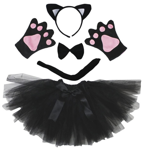 Petitebella Combined Animal Headband Bowtie Tail Tutu 5pc Girl Costume 1-5y (Cat[black/white], One Size)