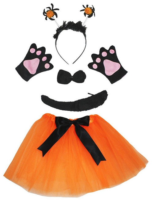 Petitebella Spider Headband Bowtie Tail Gloves Tutu Girl 5pc Costume (One Size) Black, Orange