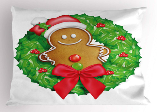 Ambesonne Gingerbread Man Pillow Sham, Cartoon Christmas Wreath with Gingerbread Man Funny Happy Season, Decorative Standard King Size Printed Pillowcase, 36" X 20", Green Red Pale Brown