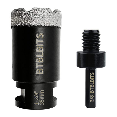 BTBLBITS Dry Diamond Core Drill Bit 1-3/8 Inch (35mm) Tile Diamond Hole Saw for Angle Grinder Porcelain Ceramic Marble Brick Granite Vacuum Brazed with 5/8-11 Thread Plus 3/8 Inch Hex Shank Adapter