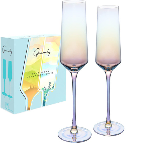 Gnimihz Classy Iridescent Champagne Flutes Set of 2 - Hand Blown Crystal Champagne Glasses, Lead-Free Premium Crystal, Gift for Wedding, Anniversary, Christmas, 8oz, 10" Tall Gnimihz Classy Iridescent Champagne Flutes Set of 2 - Hand Blown Crystal Champagne Glasses, Lead-Free Premium Crystal, Gift for Wedding, Anniversary, Christmas, 8oz, 10" Tall
