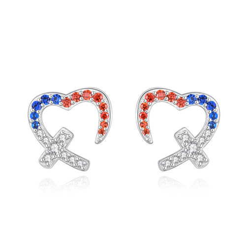925 Sterling Silver American Flag Earring Patriotic Independence Day USA Flag Heart Cross Stud Earrings for Women Teens Girls