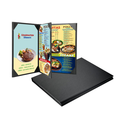 Restaurant Menu Covers Holders 8.5 X 11 Inches, Four View Leather Menu Holder Covers, Black Leather Menu Covers for Wine List, Drinks, Cafes, Bar, Hotel(8.5" X 11"/4 View-Book Style/1 Pack)