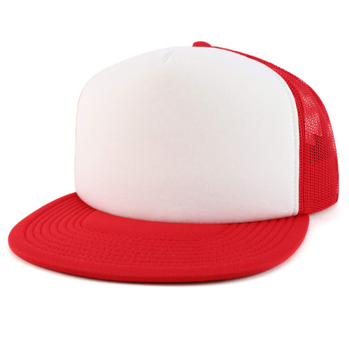 Armycrew Oversized XXL 5 Panel Flat Bill Foam Trucker Mesh Back Baseball Cap - White Red - 2XL