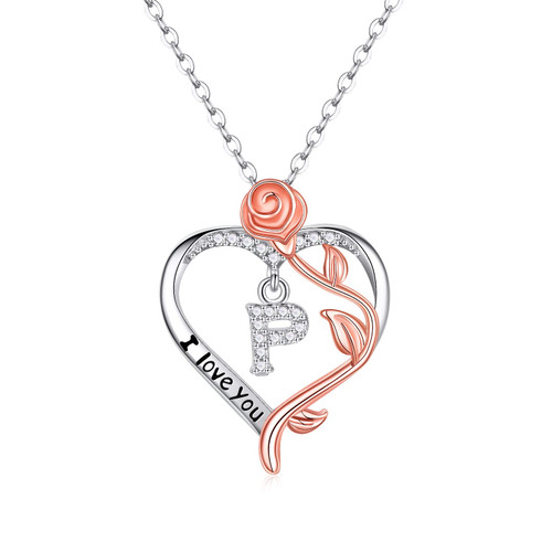 Valentines Day Gifts for Daughter Rose Heart Pendant Initial Necklaces for Women Girls Mother Daughter Girlfriend Valentine's Day Anniversary Mother's Day Christmas Birthday Jewelry Gift for Her P