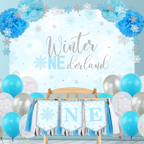 Winter Onederland Birthday Decorations Winter Onederland Highchair Banner Winter Onederland 1st Birthday Boy Decorations Highchair Banner Balloon Garland for Winter Baby 1st Birthday Party (Blue)