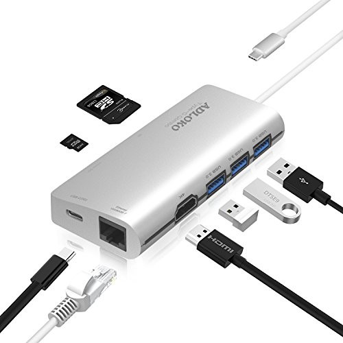 ADLOKO USB C Hub, Type C Adapter HDMI 4K, SD/TF Card Reader, USB3.0, USB C MacBook Pro More Type-C Devices (Silver- 8 in1 hub)