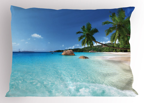 Ambesonne Ocean Pillow Sham, ANSE Lazio Beach at Praslin Island Surfing Beach Scenic View Travel, Decorative Standard King Size Printed Pillowcase, 36" X 20", Blue Turquoise