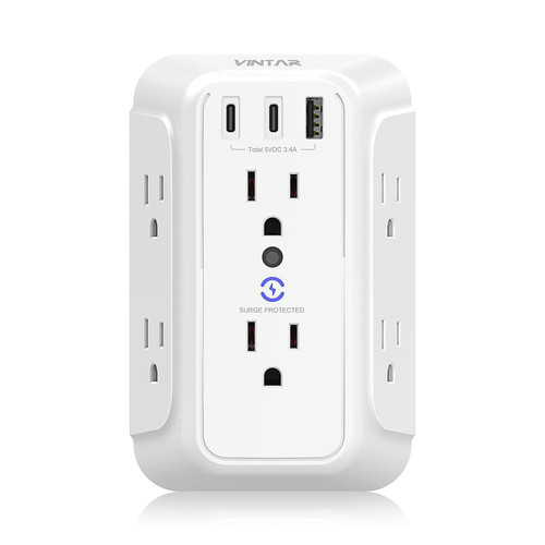 Surge Protector Outlet Extender, VINTAR 6 Outlet Splitter with 3 USB Charging Ports (2 USB C Ports), 900J Multi Plug Outlet Power Strip, 3-Sided USB Wall Charger for Home Office Dorm Room Essentials
