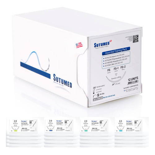 Assorted Suture Basic Training Pack | Includes 12 Mixed Suture Thread with Needle 2-0, 3-0, 4-0 Non Aborbable | for Medical Student, Nursing, and Vet Student Suture Training