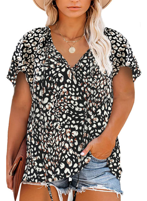 Eytino Women Plus Size Casual Boho Floral Printed V Neck Short Sleeve Drawstring Blouses Shirts Tops,1X Black