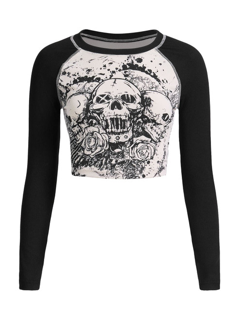 SOLY HUX Women's Y2K Shirt Gothic Long Sleeve Crop Tops Graphic Tees Skull Floral Print T Shirts Black and White M SOLY HUX Women's Y2K Shirt Gothic Long Sleeve Crop Tops Graphic Tees Skull Floral Print T Shirts Black and White M