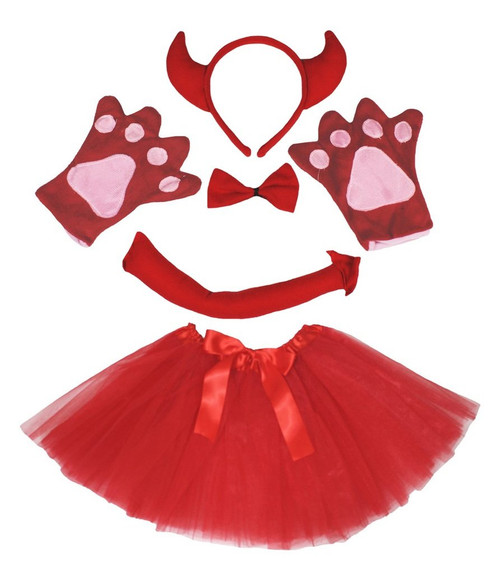 Petitebella Red Devil Headband Bowtie Tail Gloves Tutu 5pc Costume for Girl (One Size)