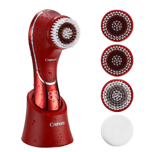 Facial Cleansing Brush Face Scrubber, Electric Face Brush Rechargeable Exfoliator IPX-7 Waterproof Rotating Cleanser for Exfoliating, Massaging and Deep Cleansing with 4 Brush Heads Chromed red