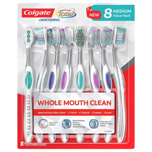Colgate Total Toothbrushes, Whole Mouth Health Plus Whitening, Medium Bristles, Floss Tip Spiral Polishing Bristles Plus Polishing Whitening Cups - 8 Toothbrushes