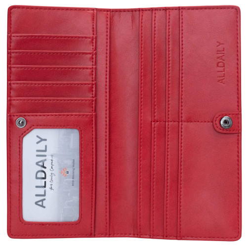 Alldaily Ultra Slim Thin Leather Women Wallet RFID Blocking Credit Card Holder Bifold Long Ladies Billfold (Red)