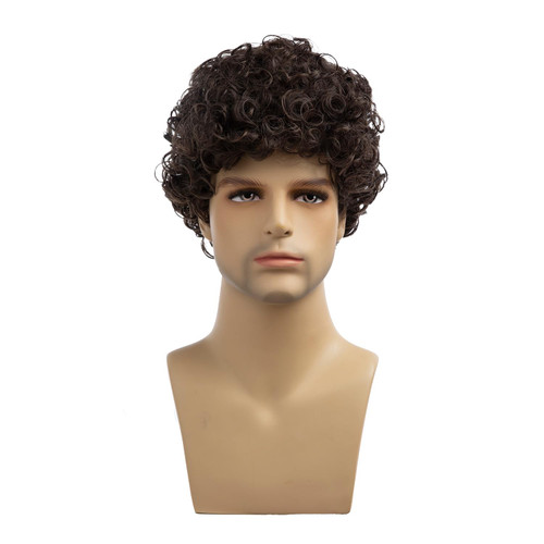 Sallcks Mens Short Curly Brown Wig Natural Looking Halloween Cosplay Costume Synthetic Hair Brown Wig for Male Guys