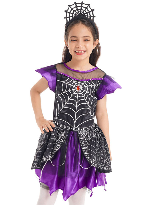 iiniim Little Kids Girls Halloween Spider Witch Dress Spider Queen Cosplay Costume Purple 3-4 Years