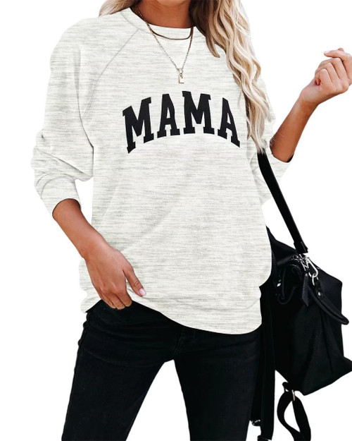 Dressmine Womens Long Sleeve Cute Crewneck Sweatshirt Mama Shirt Letter Print Graphic Pullover White Grey Large