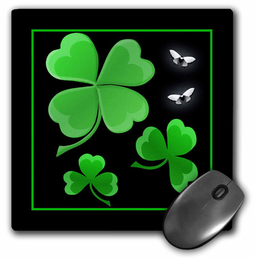 3dRose LLC 8 x 8 x 0.25 Inches Mouse Pad, a Pretty Shamrock Clover Design on a Dark Background with Little Silvery White Butterflies (mp_11686_1)