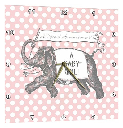 3dRose DPP_220179_2 Jumbo Elephant Baby Girl Greeting Over Pink Polka Dots Wall Clock, 13" x 13"