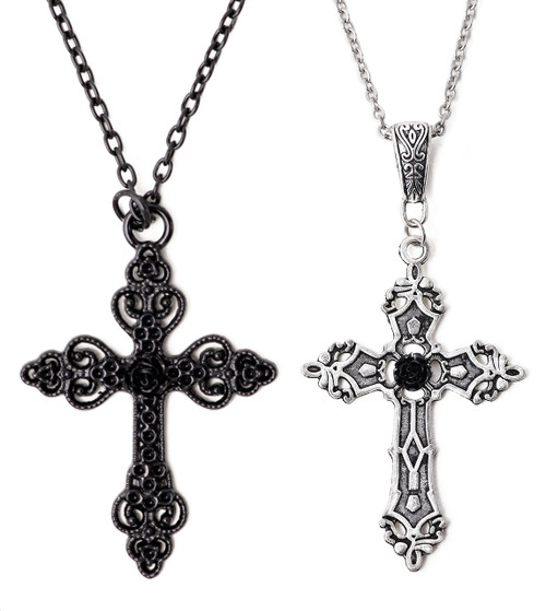 Sacina Set 2 Piece Gothic Cross Necklaces, Zinc Alloy Black Cross Necklace with Black Rose Details, Goth Jewelry Gift for Women Sacina Set 2 Piece Gothic Cross Necklaces, Zinc Alloy Black Cross Necklace with Black Rose Details, Goth Jewelry Gift for Women