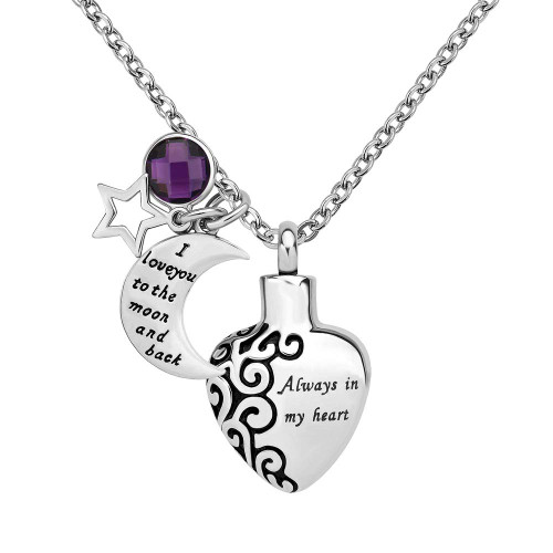 LovelyCharms Always in My Heart Love Urn Necklace for Ashes Stainless Steel Keepsake Memorial Cremation (February)