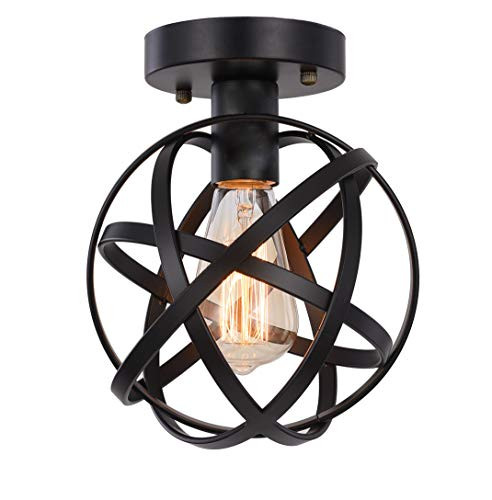 Metal Globe Ceiling Light SEEBLEN Semi-Flush Mount Pendant Ceiling Light with Mini Metal Cage Ceiling Lighting Fixture for Foyer(Black) 