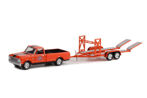 1968 Chevy C-10 Pickup & Tandem Car Trailer - Greenlight 32260B/24-1/64 Scale Diecast Car