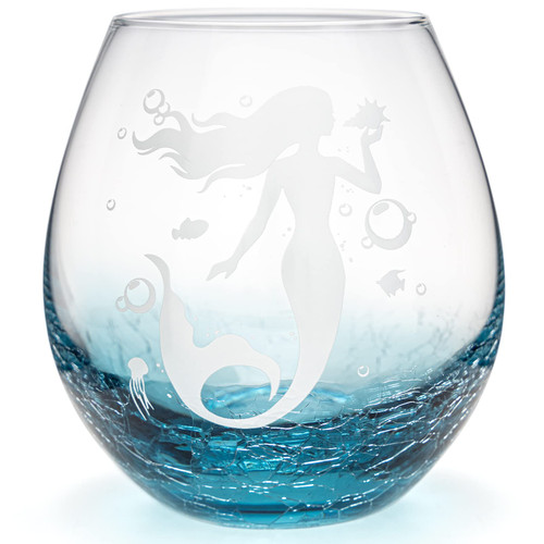 Mermaid Stemless Wine Glass -Beautiful Teal Color Ocean Wine Glass Gift For Girl Friend, Mermaid Gift, Beach Wine Glass Gift for Men, Women, Kids, Birthday Bridal Shower Wedding (Crackle Teal)