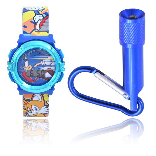Accutime Sega Sonic The Hedgehog Kids Digital Watch Set - LED Flashing Lights, LCD Watch Display, Flashlight Keychain, Kids, Girls Or Boys Watch, Plastic Strap in Blue (Model: SNC40050MAZ)