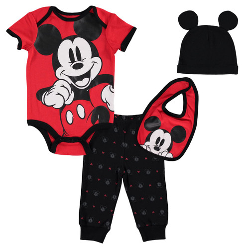 Disney Mickey Mouse Newborn Baby Boys 4 Piece Outfit Set: Bodysuit Pants Bib Hat Red/Black 0-3 Months Disney Mickey Mouse Newborn Baby Boys 4 Piece Outfit Set: Bodysuit Pants Bib Hat Red/Black 0-3 Months