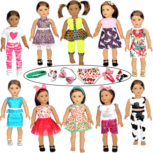 HOAKWA 18 inch Doll Clothes and Accessories fit American 18'' Dolls - Including 10 Complete Set of 18 inch American Doll Clothes Outfits Dress with Unicorn Hair Clips, Hair Bands, Underwear