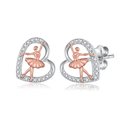 925 Sterling Silver Ballet Dance Earrings for Girls Ballerina Heart Stud Jewelry Gifts for Women Teens Dancer