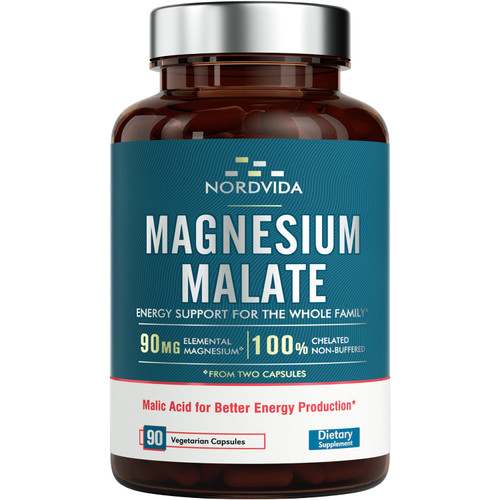 NordVida Magnesium Malate, 90 mg Elemental Magnesium, for Both Adults & Kids, Fully Chelated with Malic Acid, Support Energy Production & Muscle Health, Gut Friendly, Easy to Swallow, 90 Tiny Caps