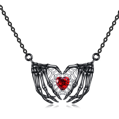 YAFEINI Halloween Necklace Sterling Silver Skeleton Hand Necklaces with Spiderweb Skull Hand Bone Pendant Gothic Jewelry Gifts for Women Men