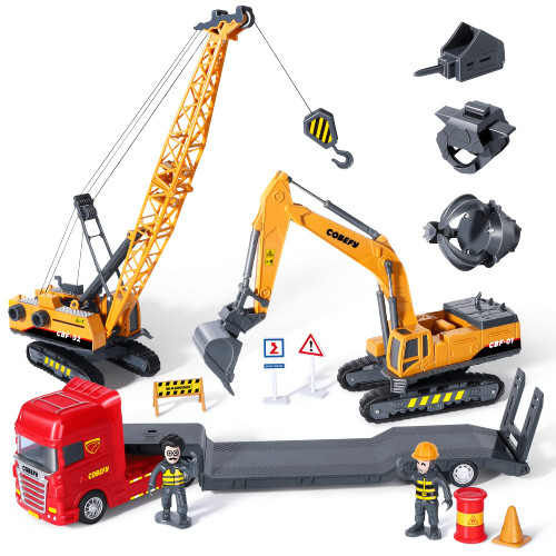 Toy Construction Trucks for Boys, Kids Construction Toys Vehicles Playset with Crane, Excavator & Semi Flatbed Trailer, Cobefy Construction Site Sandbox Playset for Ages 3 and Up Children Gift Present