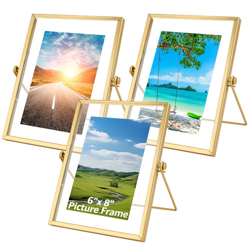 WOPPLXY 6"x 8" Gold Floating Frames, Set of 3 Pressed Glass Floating Frames, Vertical Adjustable Tabletop/Shelf Photo Frame, Gold Floating Picture Frame for 5x7, 4x6, 3x5 Photo Tabletop Display