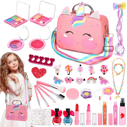 Kids Washable Makeup Girls Toys, 38 Pcs Kids Makeup Kit for Girls Real Make Up Set Little Girl Princess Play Make Up Birthday Gift for Kid Girls Toddlers Children Age 3 4 5 6 7 8 9 10-12 Year Old