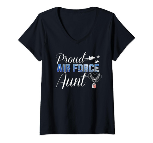 Proud Air Force Aunt Heart Shirt US Air Force Military V-Neck T-Shirt