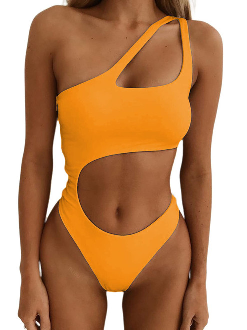 Hilinker Women's One Shoulder Cut Out Swimsuit Sexy One Piece Bathing Suit Monokinis Orange Medium