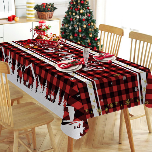 Tailus Merry Christmas Rectangle Tablecloth 60 x 84 Inch, Xmas Tree Red Black Buffalo Plaid Check Decorative Table Cloth Dining Table Cover, Farmhouse Winter Holiday Dinner Party Picnic Decoration