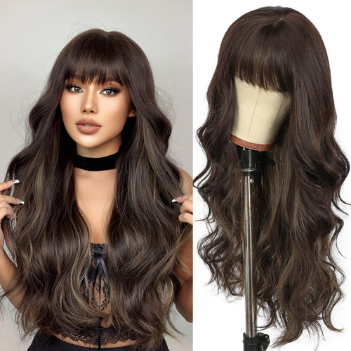 SAPPHIREWIGS Brown Wig with Bangs Long Wavy Wig for Women Brown Highlight Wig Synthetic Body Wavy Wigs Heat Resistant Hair for Daily Party Wig 28inch SAPPHIREWIGS Brown Wig with Bangs Long Wavy Wig for Women Brown Highlight Wig Synthetic Body Wavy Wigs Heat Resistant Hair for Daily Party Wig 28inch